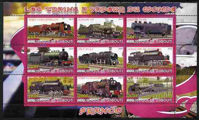 Djibouti 2010 Steam Locos of the World - France perf sheetlet containing 9 values unmounted mint, stamps on , stamps on  stamps on railways