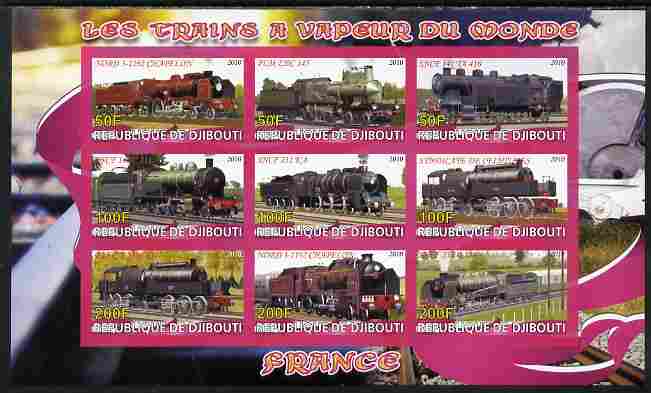 Djibouti 2010 Steam Locos of the World - France imperf sheetlet containing 9 values unmounted mint, stamps on railways