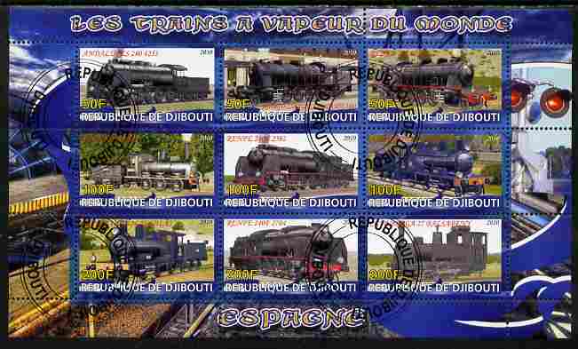 Djibouti 2010 Steam Locos of the World - Spain perf sheetlet containing 9 values fine cto used, stamps on , stamps on  stamps on railways