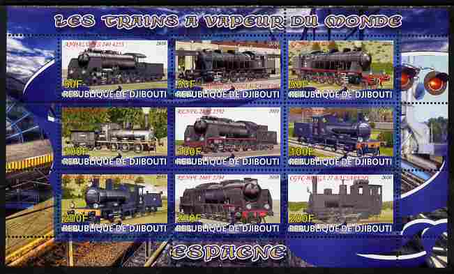 Djibouti 2010 Steam Locos of the World - Spain perf sheetlet containing 9 values unmounted mint, stamps on , stamps on  stamps on railways