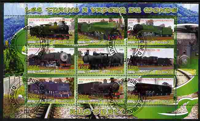 Djibouti 2010 Steam Locos of the World - Australia perf sheetlet containing 9 values fine cto used, stamps on railways