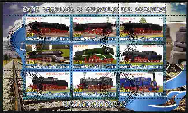 Djibouti 2010 Steam Locos of the World - Germany perf sheetlet containing 9 values fine cto used, stamps on railways