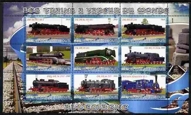 Djibouti 2010 Steam Locos of the World - Germany perf sheetlet containing 9 values unmounted mint, stamps on railways