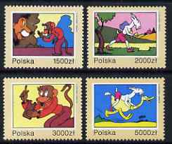 Poland 1993 40th Death Anniversary of Kornel Makuszynski (writer of childrens books) set of 4 unmounted mint, SG 3479-82, stamps on literature, stamps on children, stamps on animals, stamps on cats, stamps on monkeys, stamps on goats, stamps on birds