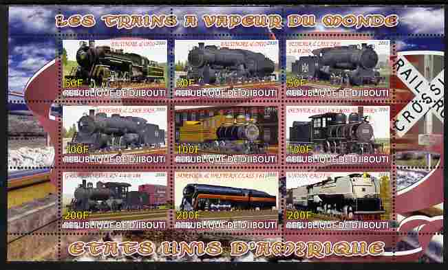 Djibouti 2010 Steam Locos of the World - USA perf sheetlet containing 9 values unmounted mint, stamps on , stamps on  stamps on railways