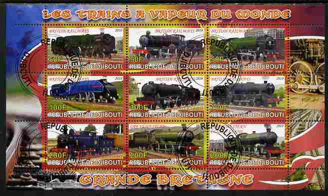 Djibouti 2010 Steam Locos of the World - Great Britain perf sheetlet containing 9 values fine cto used, stamps on , stamps on  stamps on railways