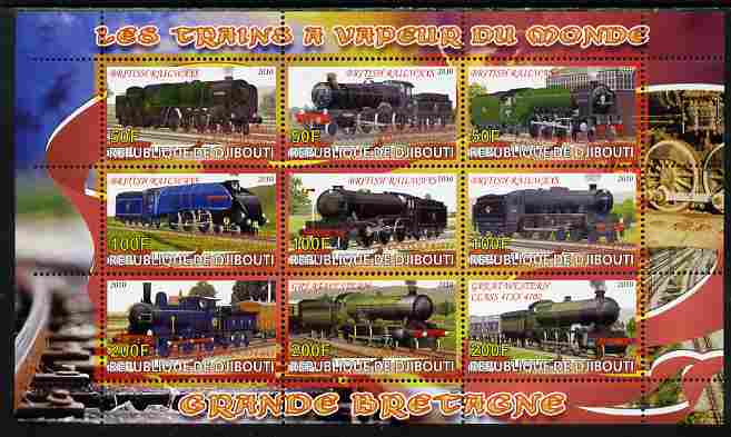 Djibouti 2010 Steam Locos of the World - Great Britain perf sheetlet containing 9 values unmounted mint, stamps on , stamps on  stamps on railways