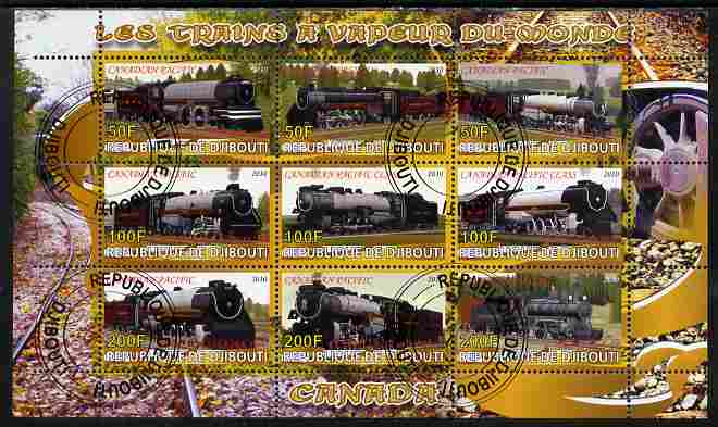 Djibouti 2010 Steam Locos of the World - Canada perf sheetlet containing 9 values fine cto used, stamps on , stamps on  stamps on railways