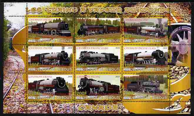 Djibouti 2010 Steam Locos of the World - Canada perf sheetlet containing 9 values unmounted mint, stamps on , stamps on  stamps on railways