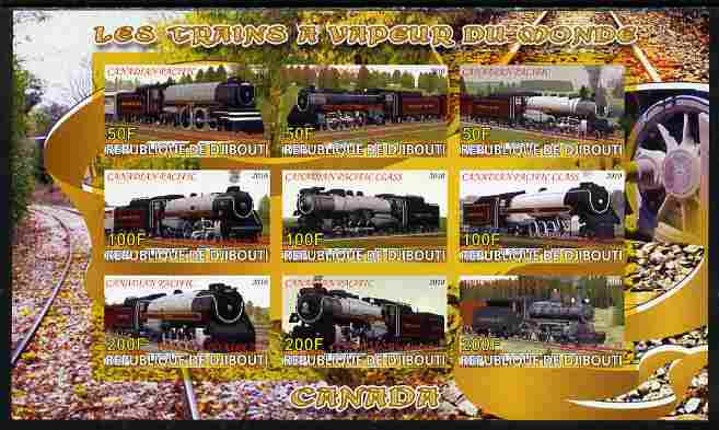 Djibouti 2010 Steam Locos of the World - Canada imperf sheetlet containing 9 values unmounted mint, stamps on , stamps on  stamps on railways