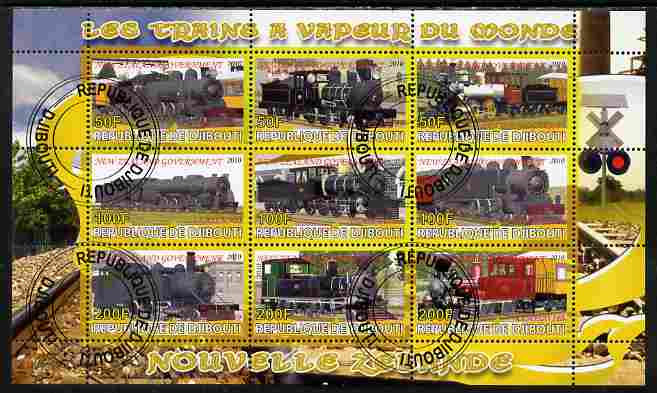 Djibouti 2010 Steam Locos of the World - New Zealand perf sheetlet containing 9 values fine cto used, stamps on , stamps on  stamps on railways