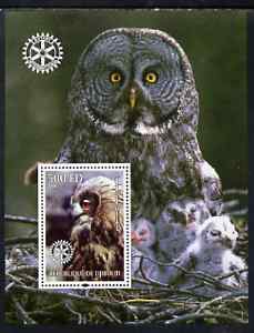 Djibouti 2004 Owls #1 perf souvenir sheet (with Rotary Logo) unmounted mint, stamps on , stamps on  stamps on birds, stamps on  stamps on birds of prey, stamps on  stamps on owls, stamps on  stamps on rotary