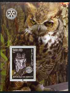 Djibouti 2004 Owls #2 perf souvenir sheet (with Rotary Logo) unmounted mint, stamps on , stamps on  stamps on birds, stamps on  stamps on birds of prey, stamps on  stamps on owls, stamps on  stamps on rotary