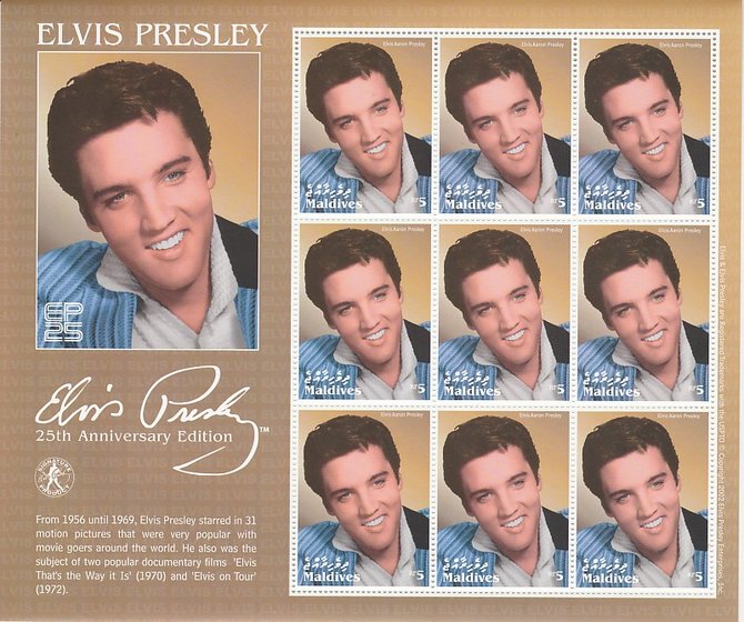 Maldive Islands 2017 Elvis Presley 25th Anniv edition perf sheetlet containing 9 values unmounted mint. Note this item is privately produced and is offered purely on its thematic appeal, stamps on , stamps on  stamps on personalities, stamps on  stamps on , stamps on  stamps on films, stamps on  stamps on cinema, stamps on  stamps on movies, stamps on  stamps on music, stamps on  stamps on rock, stamps on  stamps on elvis