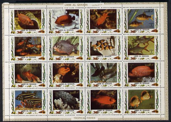 Umm Al Qiwain 1972 Fish #2 sheetlet containing 16 values (Mi 1466-81A) unmounted mint, stamps on fish      marine-life      shells 