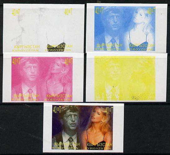 Kyrgyzstan 2000 Twentieth Century Icons - Bill Gates & Claudia Schiffer se-tenant pair - the set of 5 imperf progressive proofs comprising various 2-colour composites plus all 4 colours, stamps on films, stamps on cinema, stamps on maths, stamps on computers, stamps on personalities, stamps on millennium, stamps on bridge (card game)     