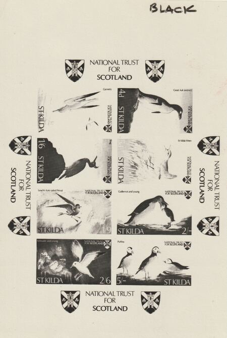 St Kilda 1968 Birds - Photographic plate as used for the production of 8-value sheetlet (produced by National Trust for Scotland) endorsed black and almost certainly uniq..., stamps on birds  auk    wren    gannets    shag   petrel    guillemot     kittiwake    puffin, stamps on scots, stamps on scotland