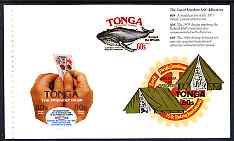 Tonga 1994 25th Anniversary of Self-Adhesive stamps booklet pane of 3 stamps showing Peeling s/a stamp, Protect the Whales, Scouts & Rotary, unmounted mint, SG 1282a, stamps on , stamps on  stamps on stamp on stamp, stamps on  stamps on whales, stamps on  stamps on rotary, stamps on  stamps on scouts, stamps on  stamps on self adhesive, stamps on  stamps on stamponstamp