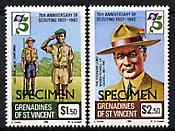 St Vincent - Grenadines 1982 75th Anniversary of Boy Scouts perf set of 2 overprinted SPECIMEN, unmounted mint SG 232-33s, stamps on , stamps on  stamps on scouts