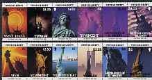 British Virgin Islands, Montserrat, Nevis, St Lucia, St Vincent Grenadines & Tuvalu 1986 Statue of Liberty Centenary unique strip of 12 comprising 1 or 2 from each territ...