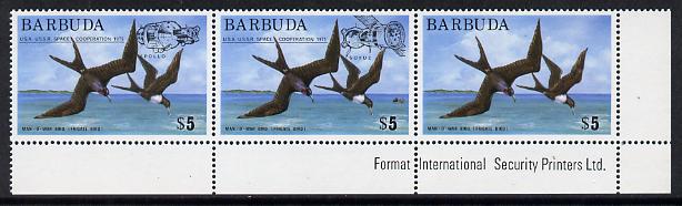 Barbuda 1975 Frigate Bird $5 unmounted mint se-tenant strip of 3 with 'Apollo-Soyuz' opt, SG 227a, stamps on birds  space    frigate