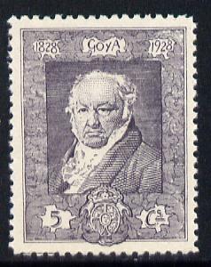 Spain 1930 Francisco Goya 5c slate-violet unmounted mint SG 557, stamps on personalities, stamps on arts, stamps on goya, stamps on 