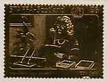 Staffa 1976 United Nations - International Labour Organisation \A36 value (showing Secretary on Telephone) perf label embossed in 23 carat gold foil (Rosen #384), stamps on united nations, stamps on telephones, stamps on communications, stamps on ilo