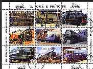 St Thomas & Prince Islands 1997 Railway Locomotives perf sheetlet containing 9 values cto used, stamps on railways