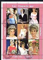 Burkina Faso 1997 Princess Diana #1 perf sheetlet containing 9 values (various portraits) cto used, stamps on royalty, stamps on diana