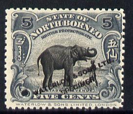 North Borneo 1909 Elephant 5c Printers sample in grey black opt'd 'Waterlow & Sons Specimen' with small security punch hole (as SG 165) without gum as issued, stamps on , stamps on  stamps on animals    elephant