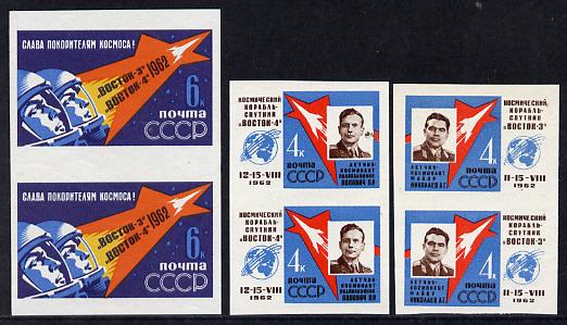 Russia 1962 First Team Manned Space Flight set of 3 in unmounted mint imperf pairs (Mi 2634-36BB)*, stamps on , stamps on  stamps on space