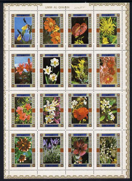 Umm Al Qiwain 1972 Flowers sheetlet containing 16 values unmounted mint (Mi 1034-49A) , stamps on flowers