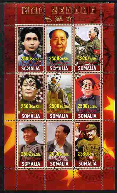 Somalia 2010 Mao Tse Tung perf sheetlet containing 9 values fine cto used, stamps on personalities, stamps on constitutions, stamps on  mao , stamps on , stamps on mao tse-tung, stamps on 