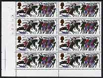 Great Britain 1966 Battle of Hastings 1s3d (ord) cyl block of 8 , one stamp with Club Flaw unmounted mint (R7/2), stamps on battles, stamps on history, stamps on horses, stamps on textiles, stamps on militaria, stamps on vikings