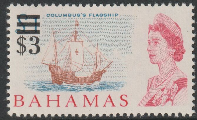Bahamas 1966 Columbus's Flagship $3 on A31 (from decimal opt def set) unmounted mint, SG 287, stamps on , stamps on  stamps on ships, stamps on  stamps on columbus