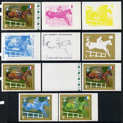 Equatorial Guinea 1972 Munich Olympics (5th series) 3-Day Eventing 1pt (Chevallier on Aiglone) set of 11 imperf progressive proofs comprising the 6 individual colours plus composites of 2, 3, 4, 5 and all 6 colours, a superb group unmounted mint (as Mi 126), stamps on , stamps on  stamps on horses  olympics   sport       show-jumping