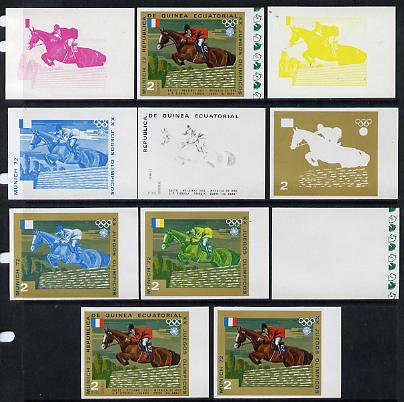 Equatorial Guinea 1972 Munich Olympics (5th series) 3-Day Eventing 2pts (D'Oriola on Ali Baba) set of 11 imperf progressive proofs comprising the 6 individual colours plus composites of 2, 3, 4, 5 and all 6 colours, a superb group unmounted mint (as Mi 127), stamps on , stamps on  stamps on horses  olympics   sport       show-jumping