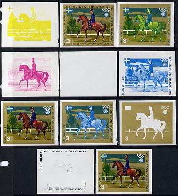 Equatorial Guinea 1972 Munich Olympics (5th series) 3-Day Eventing 3pts (St Cyr on Master Rufus) set of 11 imperf progressive proofs comprising the 6 individual colours plus composites of 2, 3, 4, 5 and all 6 colours, a superb group unmounted mint (as Mi 128), stamps on horses  olympics   sport       show-jumping