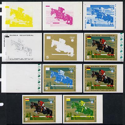 Equatorial Guinea 1972 Munich Olympics (5th series) 3-Day Eventing 5pts (Hans Winkler on Halla) set of 11 imperf progressive proofs comprising the 6 individual colours plus composites of 2, 3, 4, 5 and all 6 colours, a superb group unmounted mint (as Mi 129), stamps on horses  olympics   sport       show-jumping