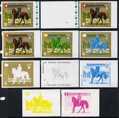 Equatorial Guinea 1972 Munich Olympics (5th series) 3-Day Eventing 8pts (Henry Chammartin on Woermann) set of 11 imperf progressive proofs comprising the 6 individual colours plus composites of 2, 3, 4, 5 and all 6 colours, a superb group unmounted mint (as Mi 130), stamps on horses  olympics   sport       show-jumping