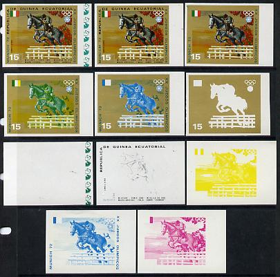 Equatorial Guinea 1972 Munich Olympics (5th series) 3-Day Eventing 15pts (Mauro Checcoli on Sunbeam) set of 11 imperf progressive proofs comprising the 6 individual colours plus composites of 2, 3, 4, 5 and all 6 colours, a superb group unmounted mint (as Mi 131)