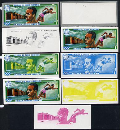 Equatorial Guinea 1972 Munich Olympics (2nd series) Past Champions 1pt (J Owens) set of 9 imperf progressive proofs comprising the 5 individual colours plus composites of 2, 3, 4 and all 5 colours, a superb and important group unmounted mint (as Mi 81), stamps on , stamps on stamps on olympics sport running