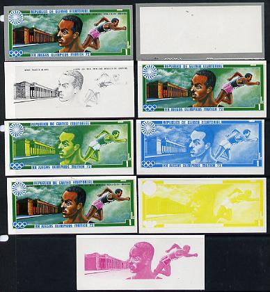 Equatorial Guinea 1972 Munich Olympics (2nd series) Past Champions 1pt (J Owens) set of 9 imperf progressive proofs comprising the 5 individual colours plus composites of 2, 3, 4 and all 5 colours, a superb and important group unmounted mint (as Mi 81), stamps on , stamps on  stamps on olympics  sport    running