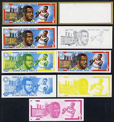 Equatorial Guinea 1972 Munich Olympics (2nd series) Past Champions 8pts (J Frazier) set of 9 imperf progressive proofs comprising the 5 individual colours plus composites of 2, 3, 4 and all 5 colours, a superb and important group unmounted mint (as Mi 85), stamps on , stamps on stamps on olympics sport boxing