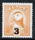 Lundy 1986 Puffin surcharged 3 on 10p pale orange unmounted mint