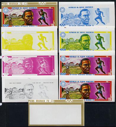 Equatorial Guinea 1972 Munich Olympics (2nd series) Past Champions 15pts (K Keino) set of 9 imperf progressive proofs comprising the 5 individual colours plus composites of 2, 3, 4 and all 5 colours, a superb and important group unmounted mint (as Mi 86), stamps on , stamps on  stamps on olympics  sport    running