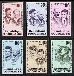 Togo 1973 Tenth Death Anniversary of Kennedy imperf set of 6 from limited printing unmounted mint, SG 966-71var, stamps on , stamps on  stamps on kennedy  personalities    death