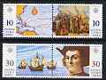 Cyprus 1992 Europa - 500th Anniversary of discovery of America by Columbus perf set of 4 (2 se-tenant pairs) unmounted mint, SG 818-21, stamps on , stamps on  stamps on europa, stamps on  stamps on ships, stamps on  stamps on explorers, stamps on  stamps on columbus, stamps on  stamps on maps, stamps on  stamps on 