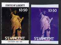 St Vincent 1986 Statue of Liberty Centenary $3.50 die proof in red and blue only on plastic (Cromalin) card ex archives (perf stamp not included), stamps on , stamps on  stamps on monuments, stamps on  stamps on statues, stamps on  stamps on americana, stamps on  stamps on civil engineering, stamps on  stamps on 