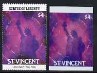 St Vincent 1986 Statue of Liberty Centenary $4 die proof in red and blue only on plastic (Cromalin) card ex archives (perf stamp not included), stamps on , stamps on  stamps on monuments, stamps on  stamps on statues, stamps on  stamps on americana, stamps on  stamps on civil engineering, stamps on  stamps on 